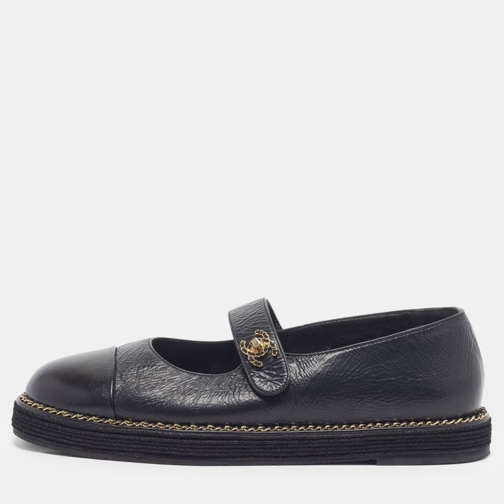 Chanel Size 39 Black Leather And Fabric Cc Mary Jane Ballet Flats